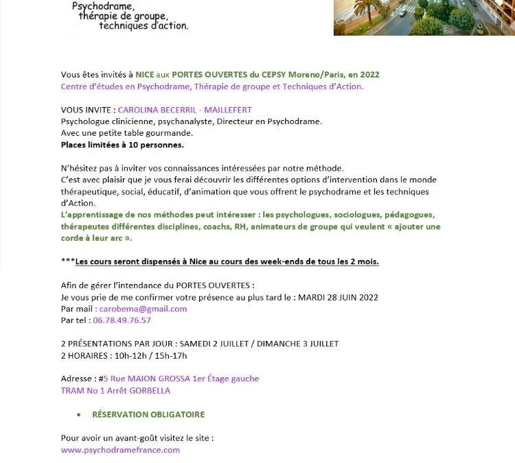 Portes ouvertes du CEPSY Moreno à Nice – 2 et 3 juillet 2022